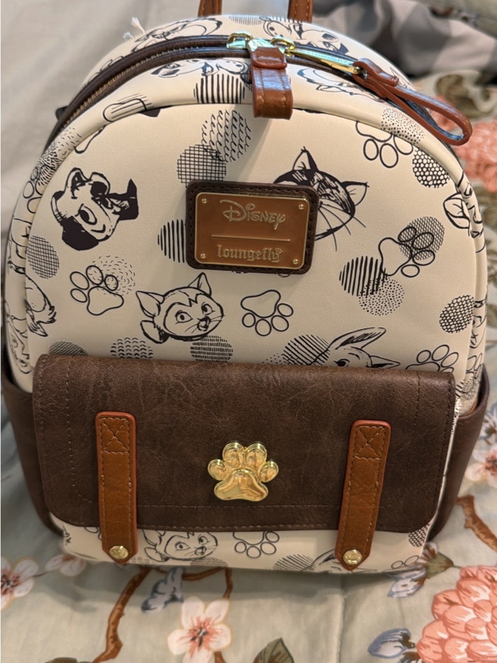 Loungefly Cream and Brown Disney Animal Mini Backpack with Gold Paw Accent
